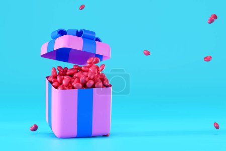 Foto de Caja de regalo rosa o caja de regalo con muchos corazones de globo flotando de la caja, para el festival del día de San Valentín o la celebración de la boda, representación 3D. - Imagen libre de derechos