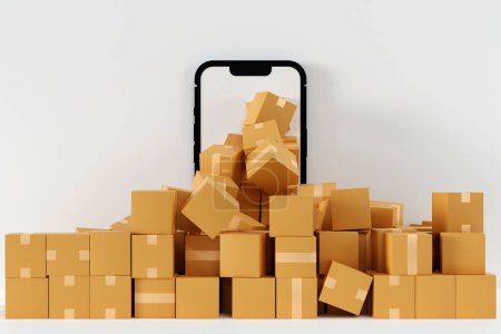 Foto de Caja de cartón caja de paquetes que transporta el desbordamiento de la pantalla del teléfono móvil, el mercado de negocios en línea y la entrega comercial, renderizado 3D. - Imagen libre de derechos