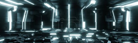 Foto de Podio en el interior de la nave espacial o estación espacial, túnel Sci Fi, escenario para la presentación del producto, banner de renderizado 3D. - Imagen libre de derechos