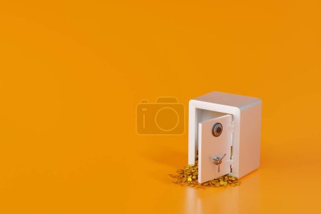Foto de Apertura de caja de seguridad de acero con moneda de oro cayendo, caja fuerte banco de seguridad proteger el dinero, representación 3D. - Imagen libre de derechos
