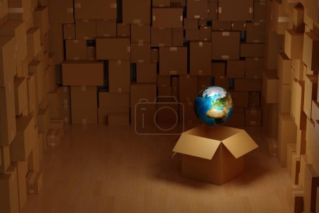 Foto de Mundo flotante global fuera de la caja de paquetes en el almacén, concepto de entrega logística mundial, renderizado 3D. - Imagen libre de derechos