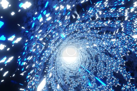 Foto de Volando en túnel de ciencia ficción con luz de neón brillante, gráfico de movimiento de bucle para la tecnología y el concepto electrónico, renderizado 3D. - Imagen libre de derechos