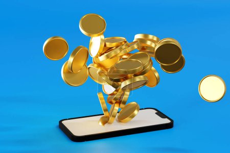 Foto de Muchas monedas en aumento desde la pantalla del teléfono inteligente, sacar provecho de la aplicación móvil de comercio electrónico en línea, 3D renderizado. - Imagen libre de derechos
