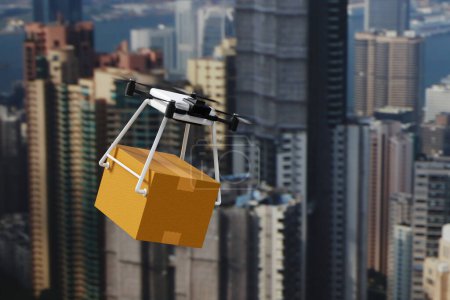 Foto de Drone entrega de paquetes en ciudad urbana, entrega futurista con aviones, entrega urgente, renderizado 3D. - Imagen libre de derechos