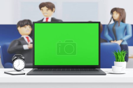 Foto de Giro de computadora portátil y abierto para mostrar la pantalla verde y cerrar la pantalla en el lugar de trabajo de la oficina, presentación del sitio web de la aplicación, renderizado 3D - Imagen libre de derechos