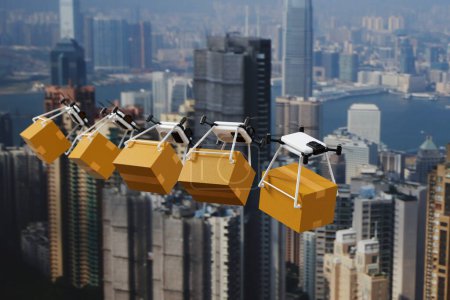 Foto de Grupo de drones entregando cajas de paquetes en ciudad urbana, entrega futurista con aviones, entrega urgente, renderizado 3D. - Imagen libre de derechos