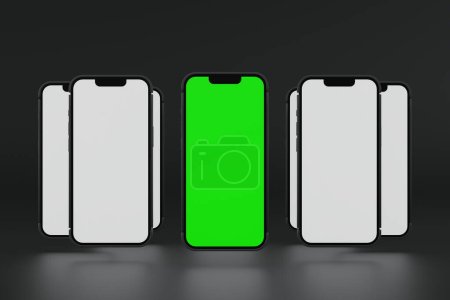 Foto de Teléfono móvil teléfono inteligente mostrar pantalla verde, presentación del sitio web de la aplicación, representación 3D. - Imagen libre de derechos