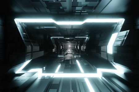 Foto de Túnel de ciencia ficción con luz de neón brillante, gráfico para tecnología y concepto electrónico, renderizado 3D. - Imagen libre de derechos