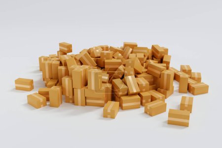 Foto de Pila de desbordamiento de cajas de paquetes de cartón, envío de entrega de compras negocio logístico industrial, renderizado 3D. - Imagen libre de derechos