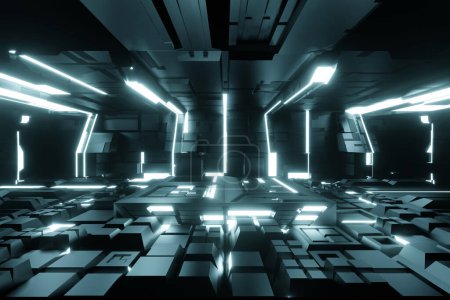 Foto de Podio en el interior de la nave espacial o estación espacial, túnel Sci Fi, escenario para la presentación del producto, representación 3D. - Imagen libre de derechos