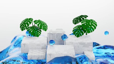 Foto de Podio con fuente de agua pura salpicadura cascada y árbol, escenario para cosméticos o espectáculo de presentación de productos de belleza, representación 3D. - Imagen libre de derechos