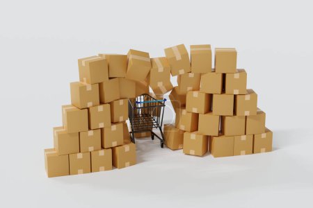 Foto de Carro de carro de supermercado romper a través de la pared del paquete sobre fondo blanco, compras en línea e-commerce entrega en todo el mundo, representación 3D. - Imagen libre de derechos