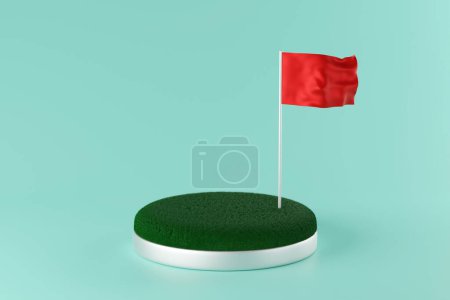 Foto de Podio de hierba verde con bandera roja para la presentación del producto o la exhibición de premios, representación 3D. - Imagen libre de derechos