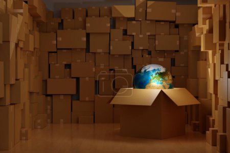 Foto de Mundo flotante global fuera de la caja de paquetes en el almacén, concepto de entrega logística mundial, renderizado 3D. - Imagen libre de derechos