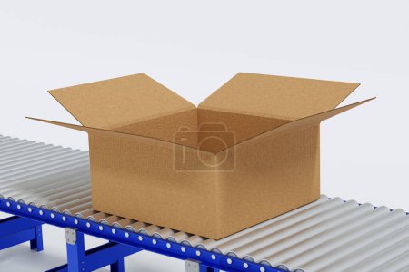 Foto de Envase de paquete de caja de cartón en cinta transportadora, máquina automatizada de producción ling, renderizado 3D. - Imagen libre de derechos