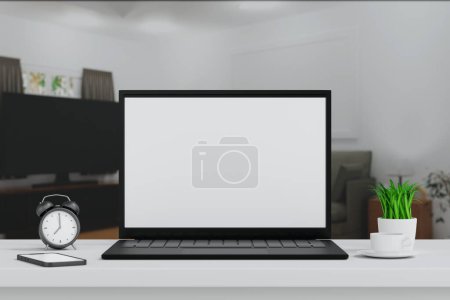 Foto de Computadora portátil abierta para mostrar la pantalla verde y mostrar de cerca en la sala de estar, presentación del sitio web de la aplicación, renderizado 3D - Imagen libre de derechos