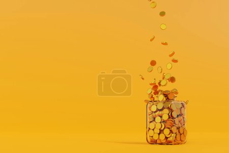 Foto de Moneda de oro cayendo en frasco de botella de vidrio, llenar hasta lleno, ahorro crecimiento dinero concepto, depósito bancario, 3D renderizado. - Imagen libre de derechos