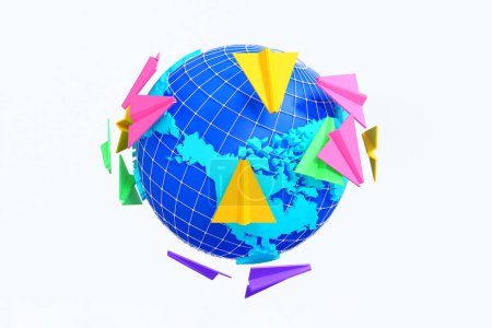 Foto de Muchos aviones de papel que vuelan alrededor del mundo, concepto de viajes y vacaciones o conectividad mundial, representación 3D. - Imagen libre de derechos
