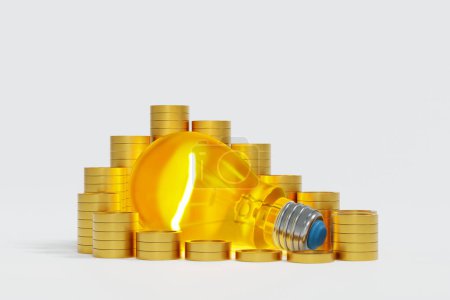 Foto de Bombilla con stock de moneda de oro, tener idea de hacer concepto de dinero. Renderizado 3D. - Imagen libre de derechos