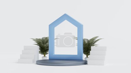 Foto de Podio redondo con forma de casa y decoración de escaleras, exhibición para exposición de productos inmobiliarios o feria de exposiciones, representación 3D. - Imagen libre de derechos