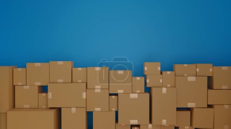 Foto de Pila de cartón caja de cartón o paquete en embalaje de distribución de almacén logístico. concepto de entrega de bienes. Renderizado 3D. - Imagen libre de derechos