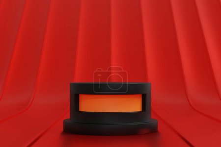 Foto de Pedestal redondo negro simple del podio en blanco sobre fondo rojo, exhibición de la maqueta para la demostración de la feria de la producción, representación 3D. - Imagen libre de derechos