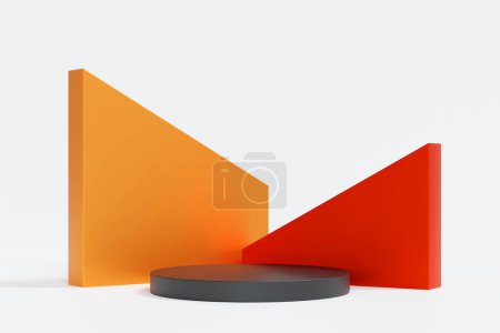 Foto de Pedestal redondo gris simple del podio en blanco sobre fondo blanco con la decoración del poste del rectángulo, exhibición de la maqueta para la demostración del producto, representación 3D. - Imagen libre de derechos