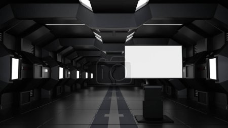 Foto de Blank mock up vertical billboard or LCD screen floor stand in spaceship or space station interior, Sci Fi tunnel, advertising concept, 3D rendering. - Imagen libre de derechos