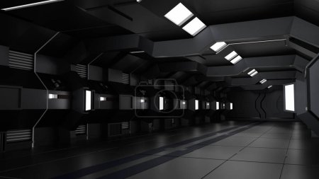 Foto de Inside spaceship or space station interior, Sci-Fi tunnel, corridor with empty space background, 3D rendering - Imagen libre de derechos