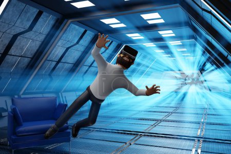 Hombre feliz disfrutar de la realidad virtual con gafas VR y levitación en la nave espacial de ciencia ficción, inteligencia artificial tecnología de realidad virtual cine de cine y gamming, representación 3D.