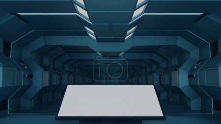 Foto de Blank mock up vertical billboard or LCD screen floor stand in spaceship or space station interior, Sci Fi tunnel, advertising concept, 3D rendering. - Imagen libre de derechos