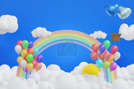 Foto de Hermoso arco iris con sol de nubes y globo en el cielo azul, fondo para el campamento de verano, vacaciones de vacaciones, representación 3D. - Imagen libre de derechos
