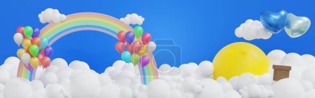 Foto de Hermoso arco iris con sol de nube y globo en el cielo azul, fondo para el campamento de verano, vacaciones de vacaciones, encabezado de bandera horizontal de plantilla para el sitio web, representación 3D. - Imagen libre de derechos