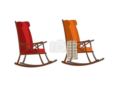 Illustration for Two vector rocking chair on white background. Beautiful element for your interior, furniture design. Red and orange chairs. A part of living room. - Royalty Free Image