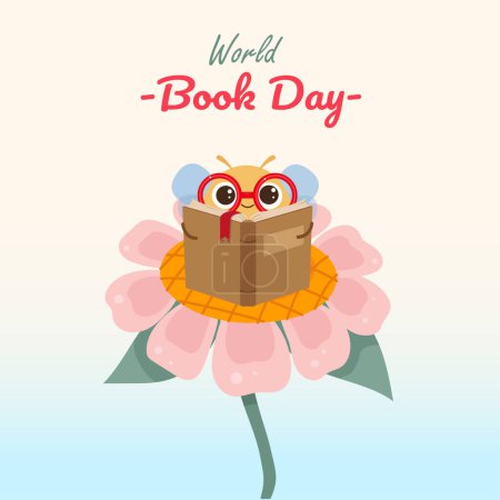 Conceptual illustration for world book day.  Very smart bee reading on flower