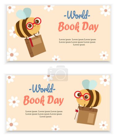 Konzeptionelle Illustration oder Vorlage für den Welttag des Buches. Sehr kluge Biene fliegt und liest Buch