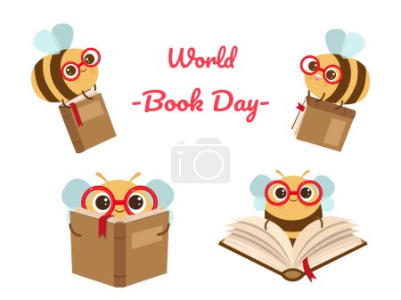 Ilustración conceptual para el Día Mundial del Libro. Set con libros de lectura de abejas muy inteligentes