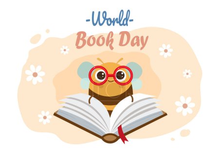 Conceptual illustration for world book day.  Very smart bee reading book