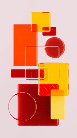 Foto de 3d representación de composición de vidrio de colores. Arte larga bandera vertical. Rojo, amarillo, naranja y blanco transparente. Diseño minimalista de vista superior plana. Fondo de pantalla moderno - Imagen libre de derechos