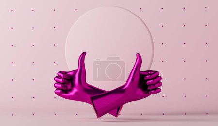 Foto de 3d renderizado collage arte minimalista contemporáneo en colores rosa negrita metálico neón con las manos mostrando como signo. Surrealismo fondo de pantalla creativa. Diseño psicodélico. Plantilla con espacio para texto. - Imagen libre de derechos