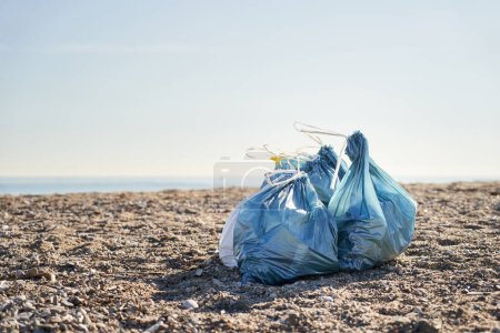 Blue garbage bags full of plastics on the beach. Volunteers aware of environmental sustainability. Care and protection of planet Earth. Good deeds for future generations. Sustainable development goals