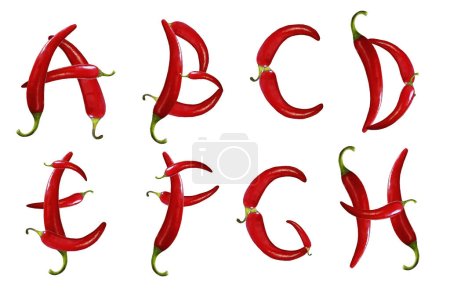 Essbares Alphabet aus scharfer, roter Chilischote. Buchstaben A bis H, auf isoliertem weißem Hintergrund
