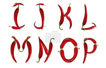Alfabeto comestible hecho de chiles picantes. Letras I, J, K, L, M, N, O, P aisladas sobre fondo blanco