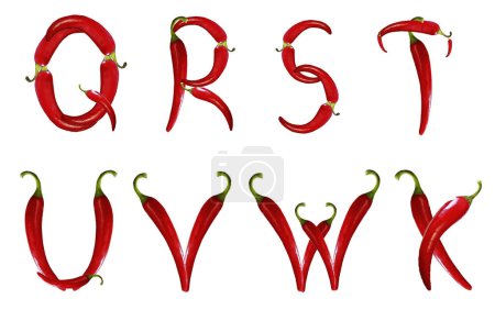 Essbares Alphabet aus scharfer Chilischote. Buchstaben Q, R, S, T, U, V, W, X isoliert auf weißem Hintergrund
