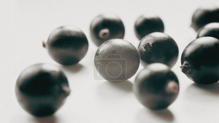 Photo for Vintage processing of black currant berries scattered on a light surface. selective focus - Royalty Free Image