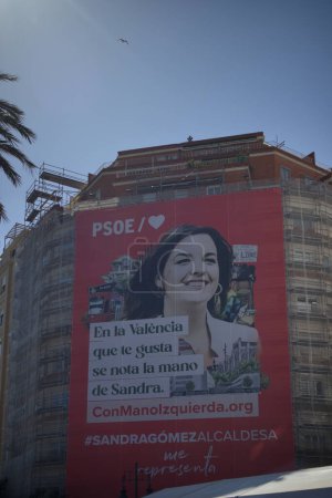 Photo for 2023.Valencia, Spain. Political propaganda poster for Valencia mayoral candidate Sandra Gomez of the left-wing party PSOE - Royalty Free Image