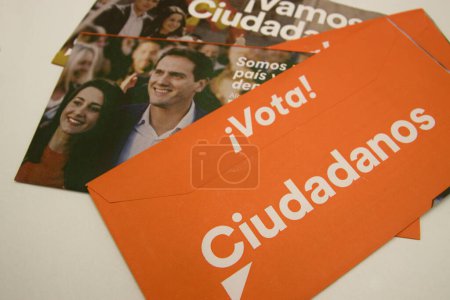 Photo for Envelopes with electoral propaganda and the votes of the Spanish political formation Ciudadanos, in the images appear Ines Arrimadas and Albert Rivera, candidates for the elections - Royalty Free Image