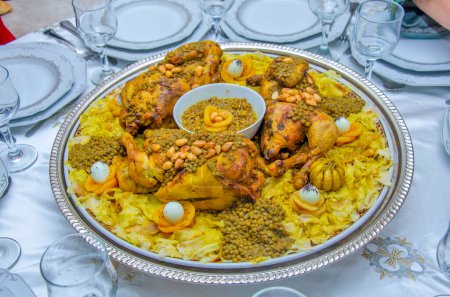 Festive traditional Moroccan Rfissa served with sauce and decorared with quail eggs, seeds, fruit and nut