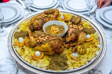 Foto de Rfissa tradicional marroquí festivo servido con salsa y decorado con huevos de codorniz, semillas, frutas y frutos secos - Imagen libre de derechos
