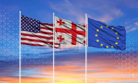 Photo for Three realistic flags of European Union, United States and Georgia on flagpoles and blue sky - Royalty Free Image